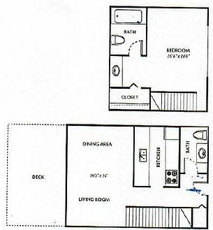 Floor plan for 1 bed, 1.5 baths, 737 sqft